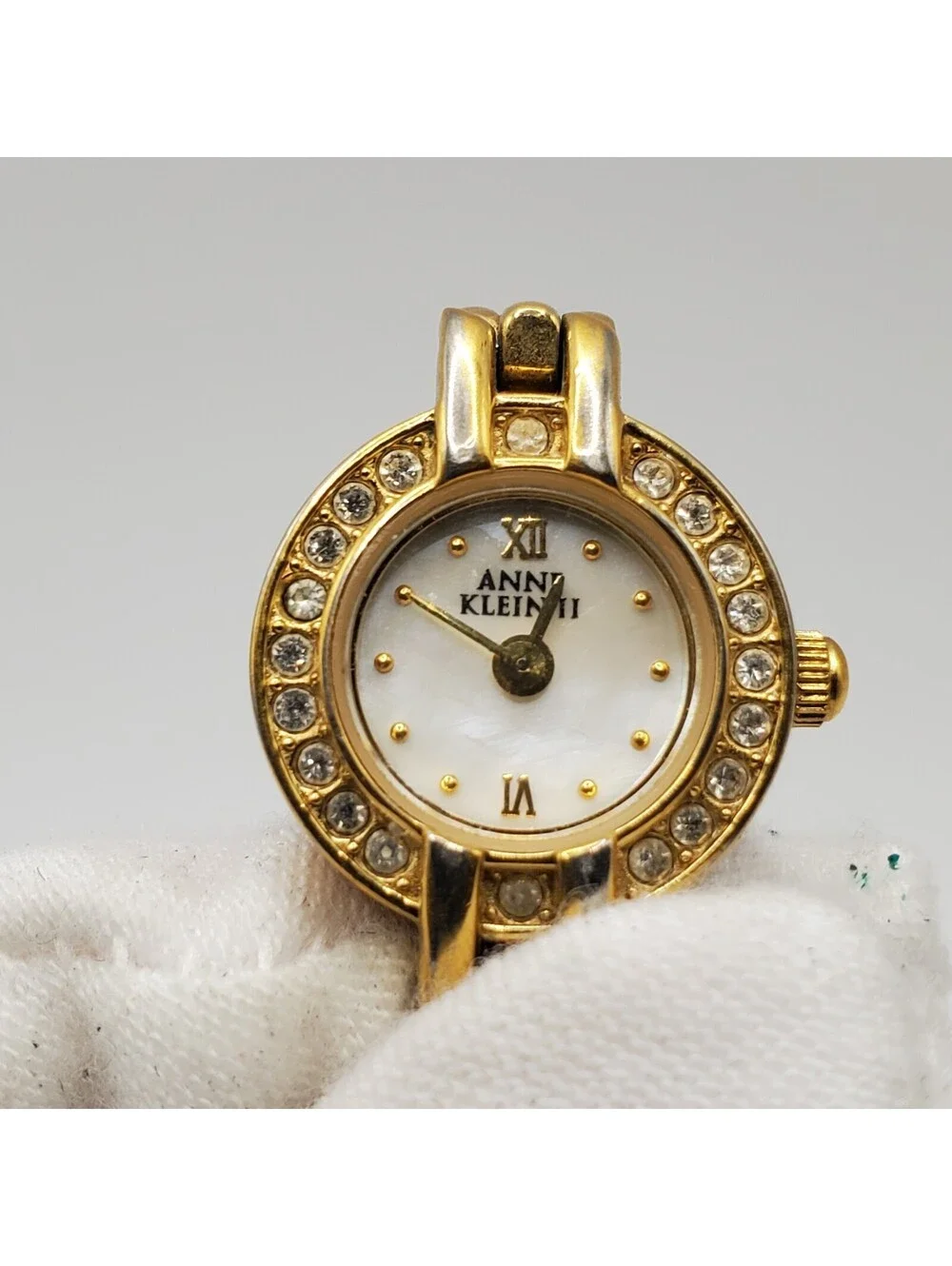 Anne Klein Rhinestone Small 16mm MOP Dial Womens Watch Gold Tone New Battery